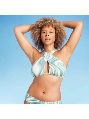 Shade & Shore Target Women's Wrap Halter Bikini Green/White size XL (16) NEW